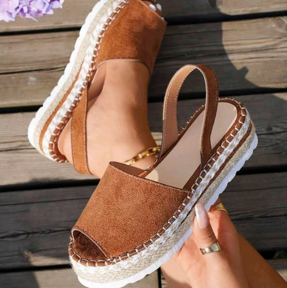 Women's Chunky Heel Platform Sandals, Peep Toe Slingback Brown Hollow Out Mules - Picture 1 of 5